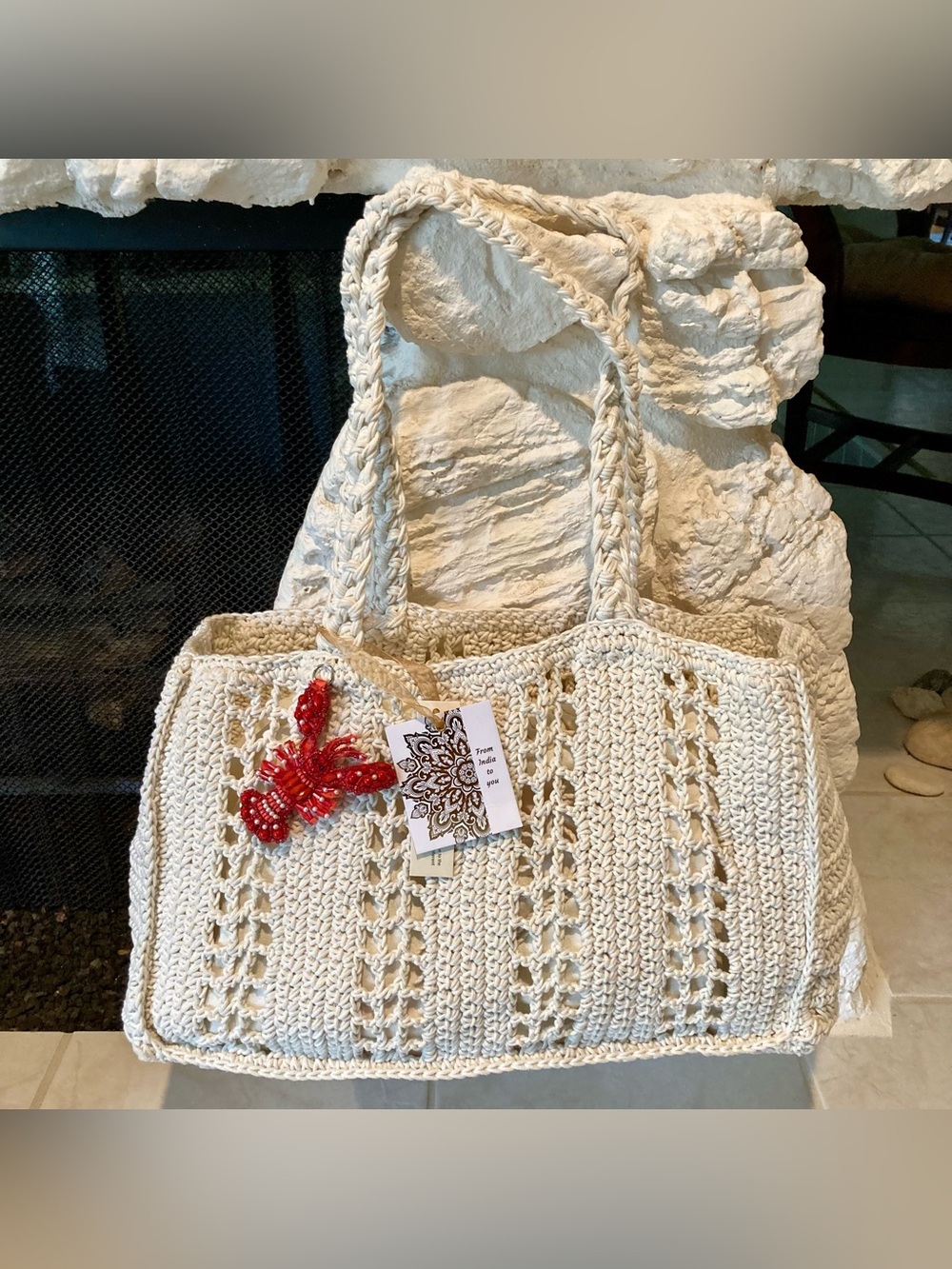 NWT Made in India viral bag features winter white crochet